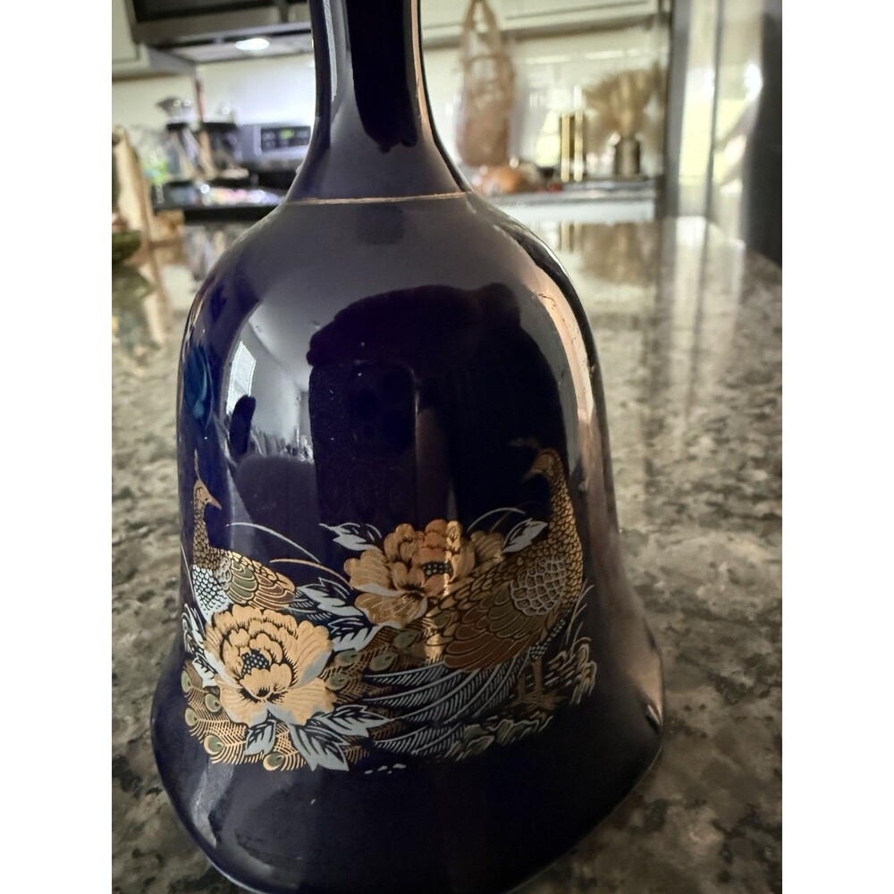 Vintage Otagiri Style Cobalt Blue Porcelain Peacock Bell Gold Gilding Japanese